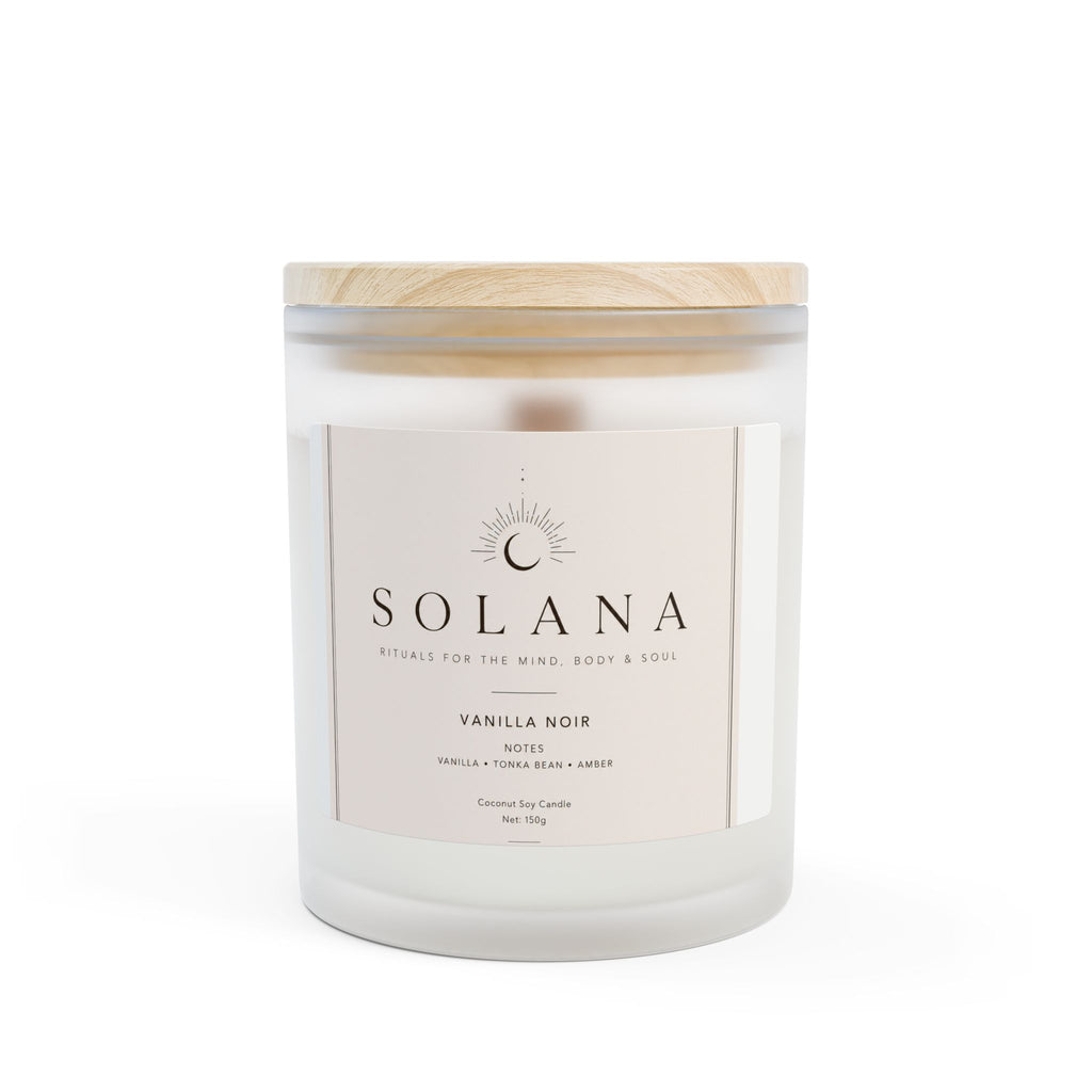 Vanilla Noir Frosted Glass Candle — 11oz Soy Candle with Wooden Lid (Solana)