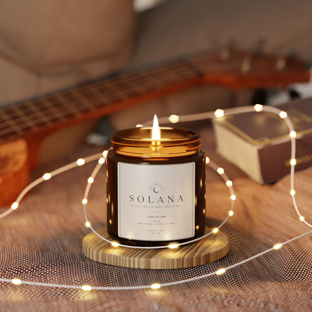 Luna Bloom Scented Soy Candle — Amber Jar, Jasmine & Sandalwood