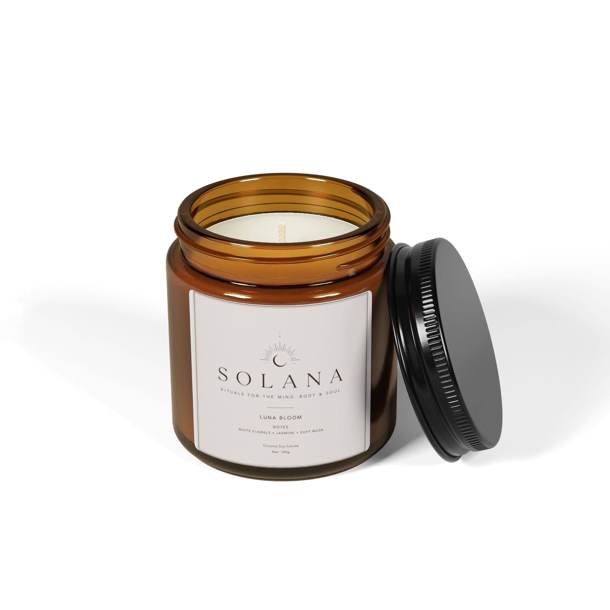 Luna Bloom Scented Soy Candle — Amber Jar, Jasmine & Sandalwood