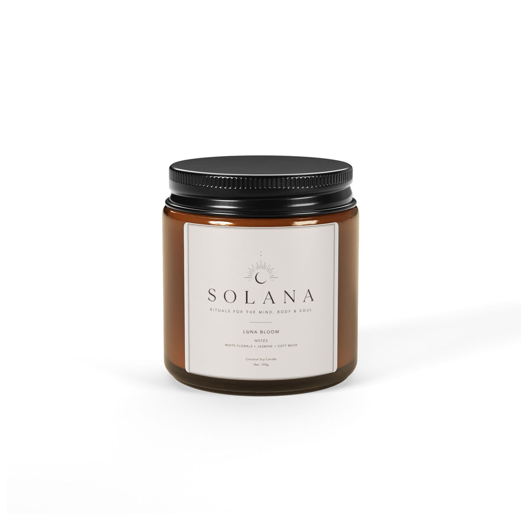 Luna Bloom Scented Soy Candle — Amber Jar, Jasmine & Sandalwood