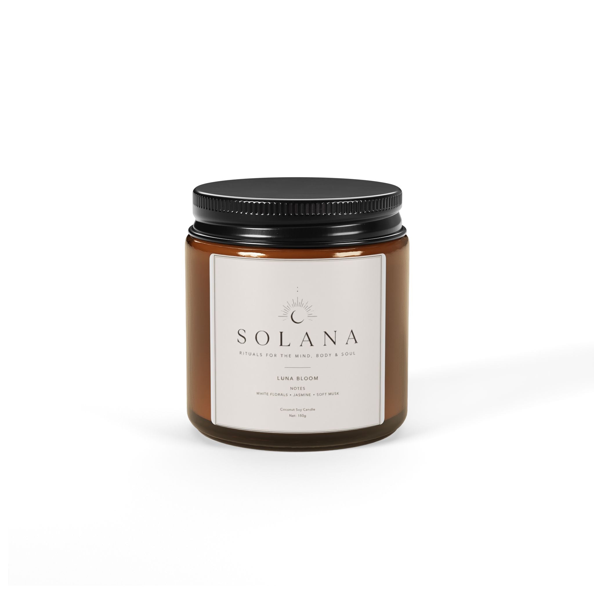 Luna Bloom Scented Soy Candle — Amber Jar, Jasmine & Sandalwood