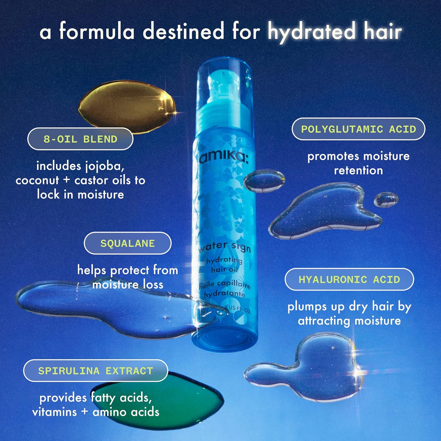 Amika Water Sign Hydrating Hair Oil with Hyaluronic Acid 1.7 Oz Nava Beauty