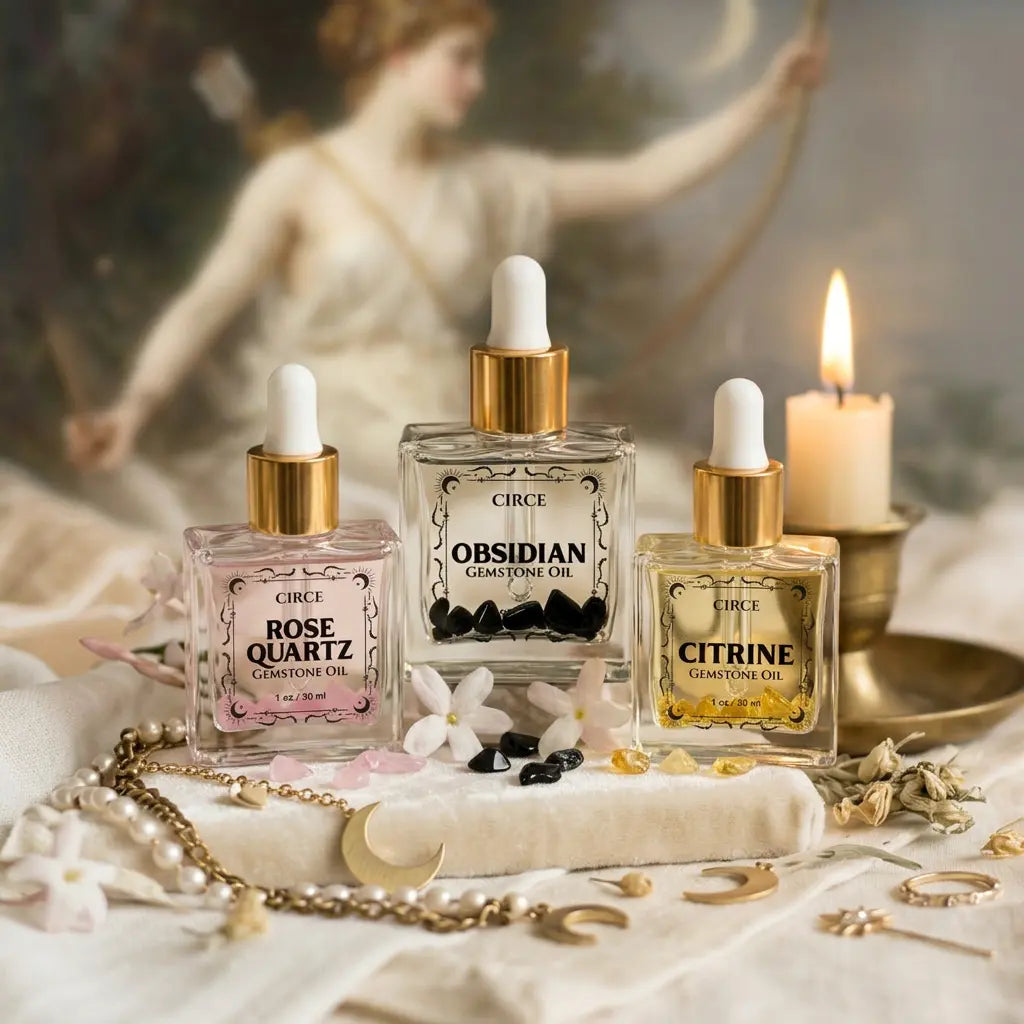 Gemstone Body Oil Discovery Set — 3-Piece Crystal-Infused Oil Sampler (Rose Quartz, Citrine, Obsidian) Circe Boutique